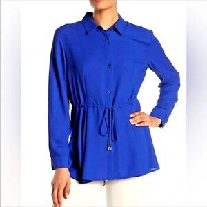 NWOT DKNY Vibrant Blue Button-Up Adjustable Waist Flowy Tunic Top Blouse Sz L